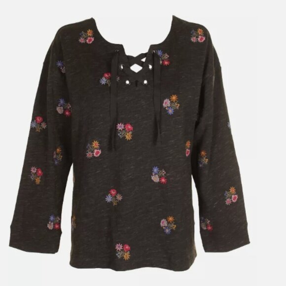 Style & Co Freshly Picked Floral Embroidered Pullover Lace Up Top - Picture 3 of 5